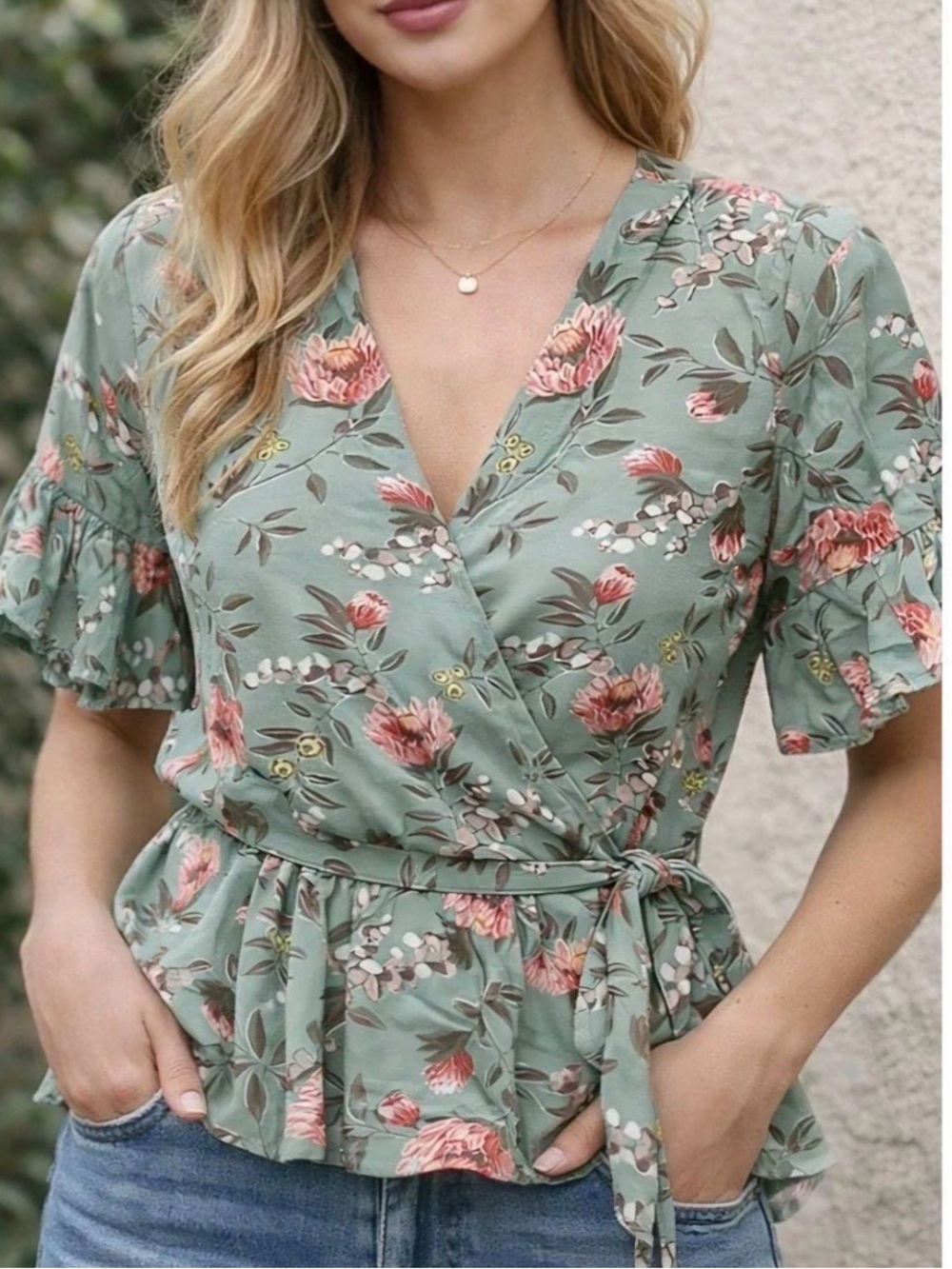 LOFT Floral Wrap Peplum Top in Sage Green